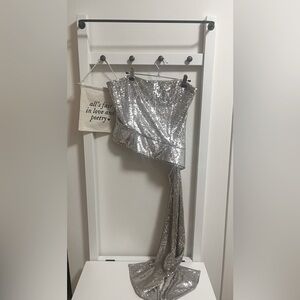 NWT LBV Sequined Draped Asymmetrical Top in Silver